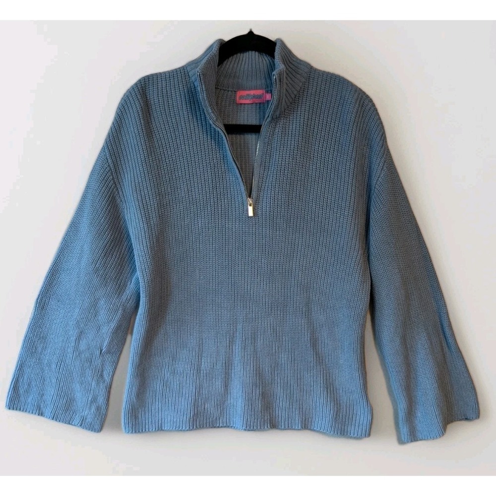 Edikted Amour Mock Neck Oversized Zip Sweater Blue Ribbed Bell Sleeve Size XS